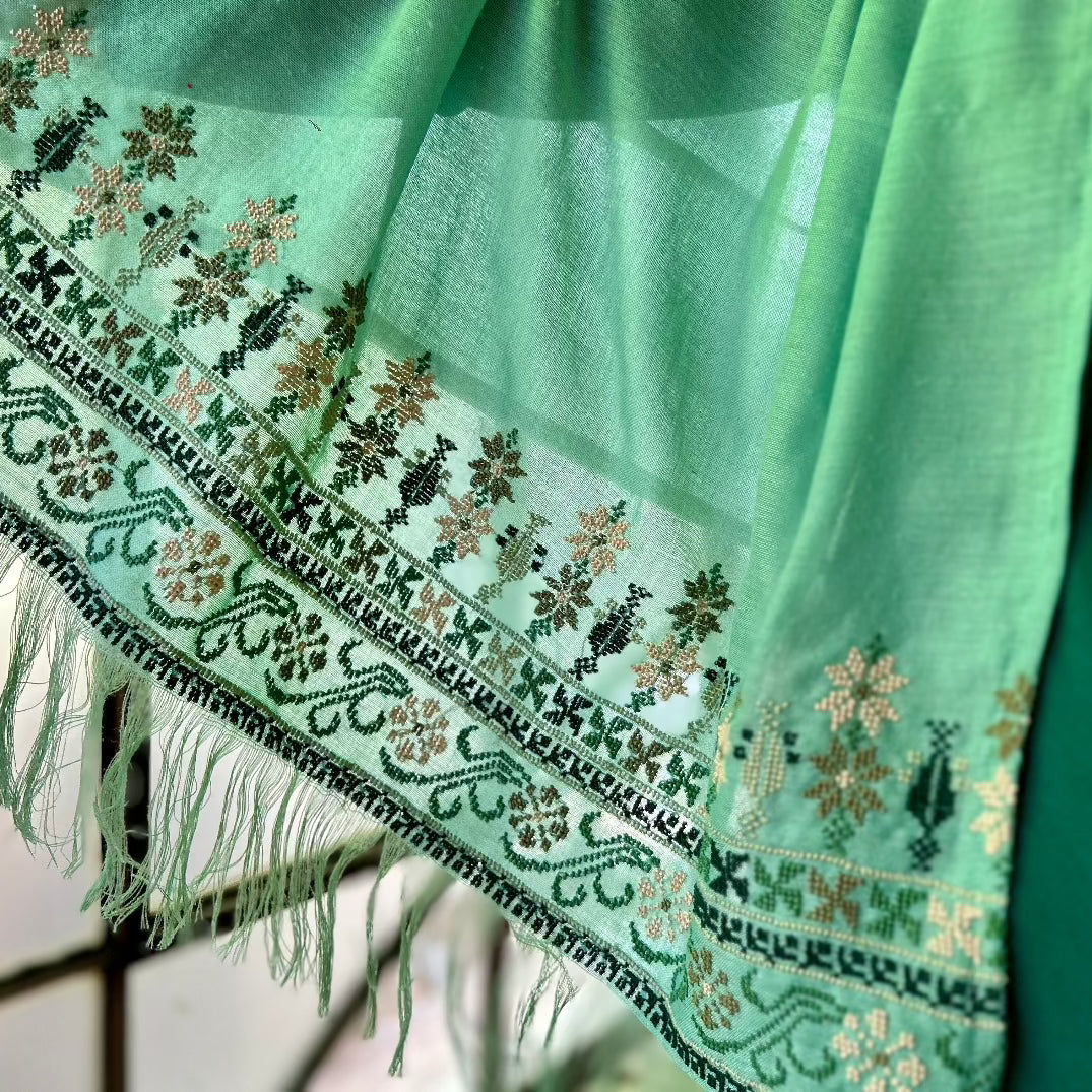 Traditional Palestinian Tatreez Shawl | Hand Embroidered in Palestine | Mint with Shades of Green