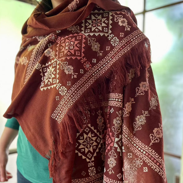 COMING THIS JUNE: Traditional Palestinian Tatreez Shawl | Hand Embroidered in Palestine | Brown Najaf with Sage and Pinks