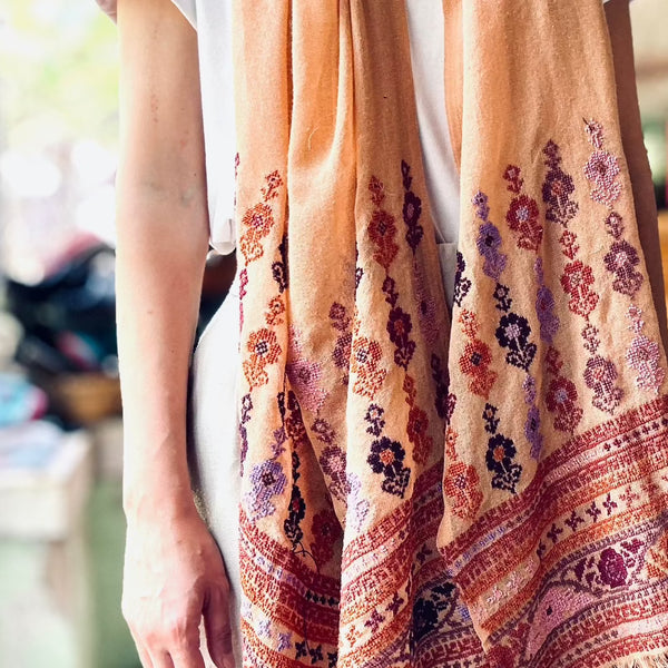 COMING IN JUNE: Traditional Palestinian Tatreez Shawl | Hand Embroidered in Palestine | Nude Najaf with Rusty Orange