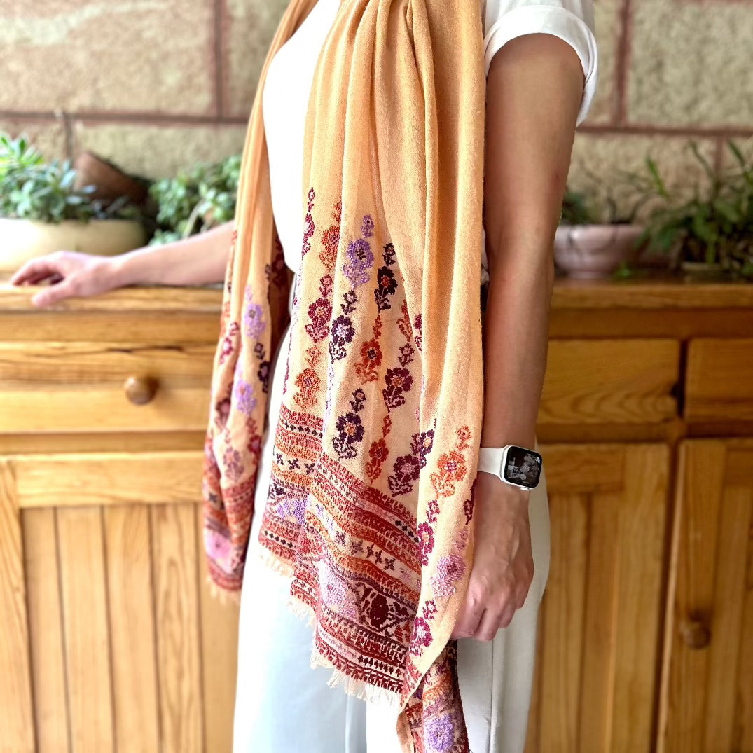 Traditional Palestinian Tatreez Shawl | Hand Embroidered in Palestine | Nude Najaf with Rusty Orange