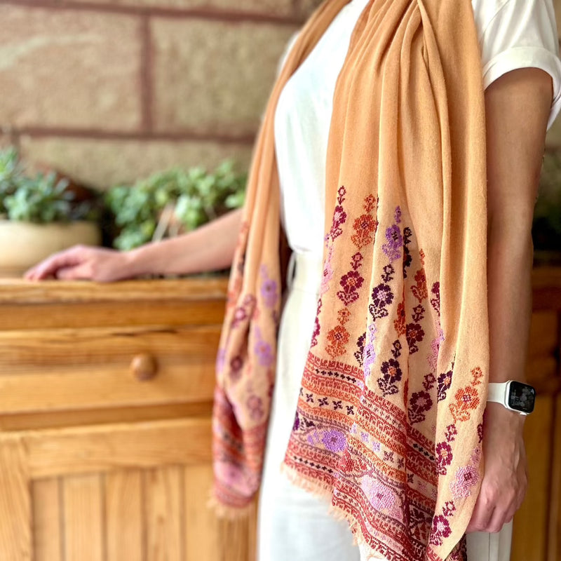 COMING IN JUNE: Traditional Palestinian Tatreez Shawl | Hand Embroidered in Palestine | Nude Najaf with Rusty Orange