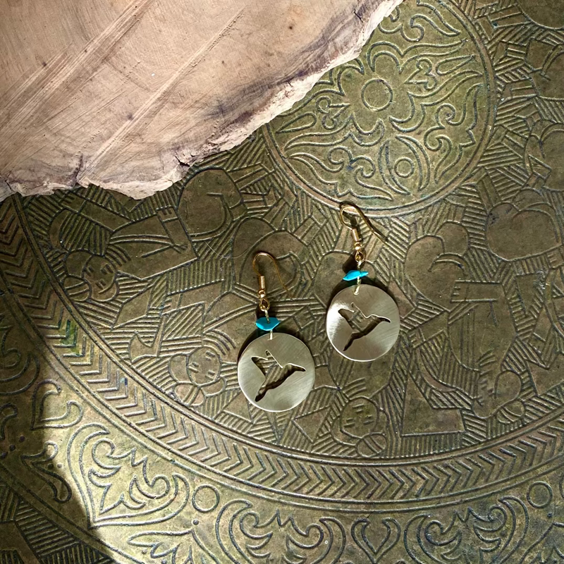 Sunbird of Palestine Brass Earrings with Blue Beads | Handmade Jewelry from Palestine