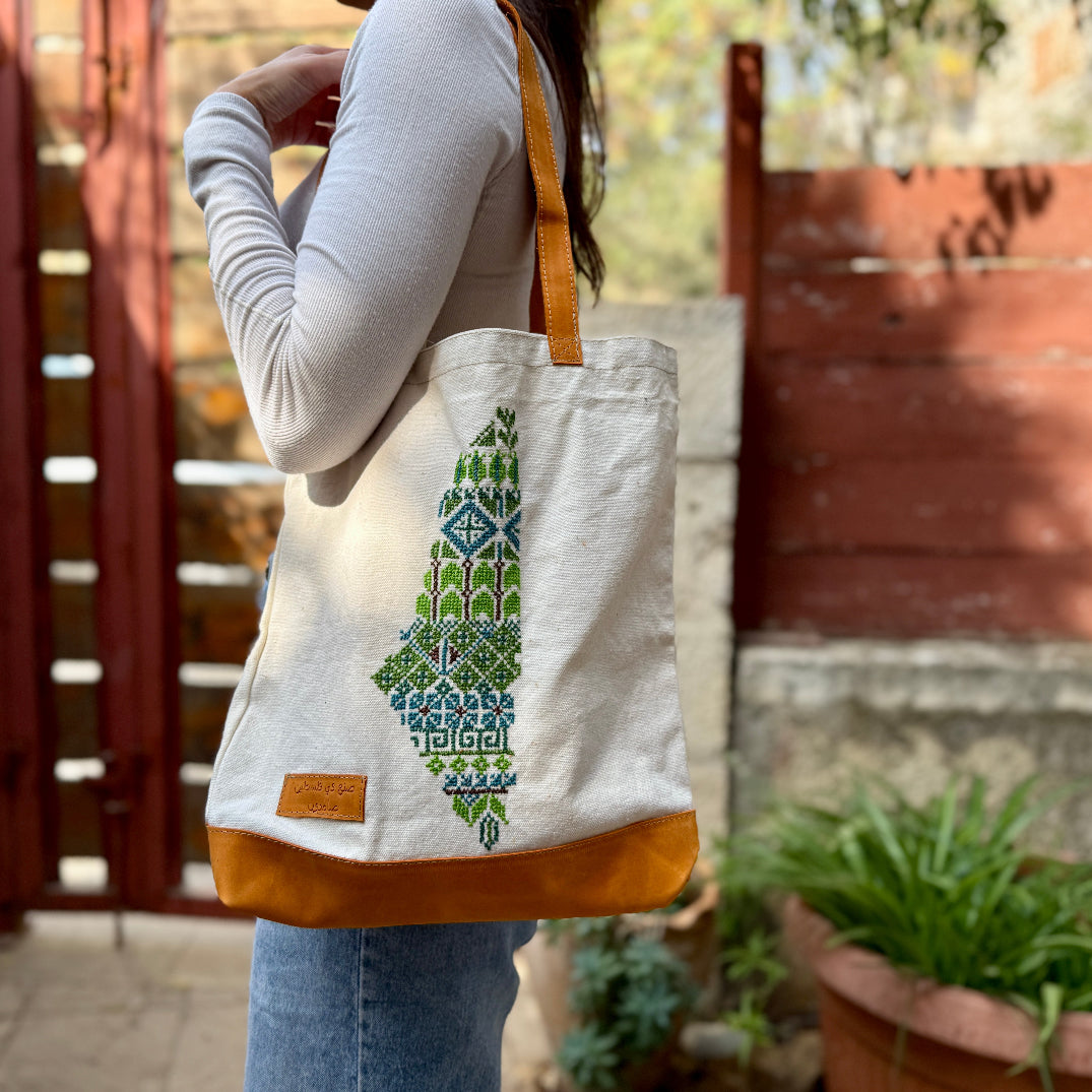 Tote with Leather Handles | Handmade Palestine Tatreez
