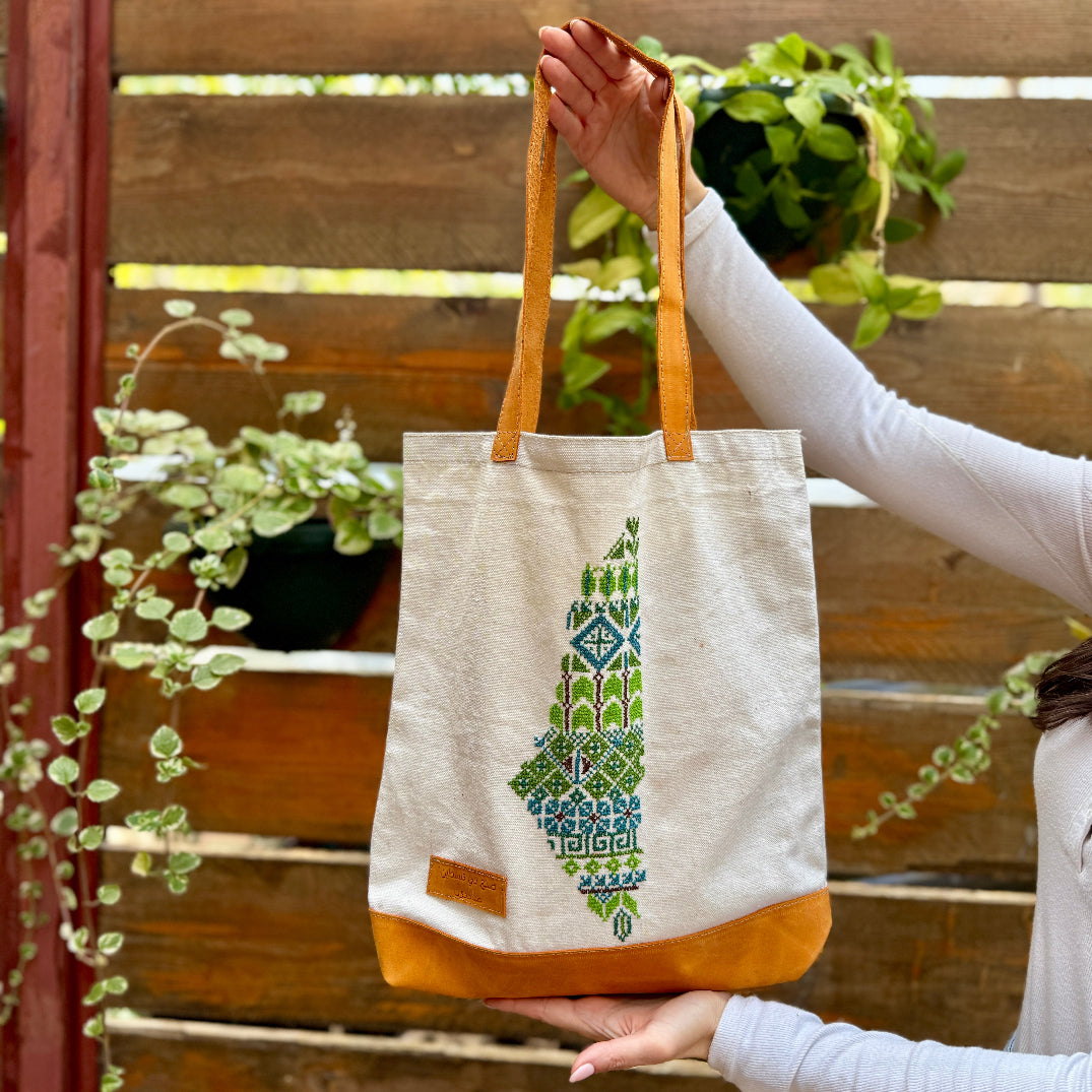 Tote with Leather Handles | Handmade Palestine Tatreez