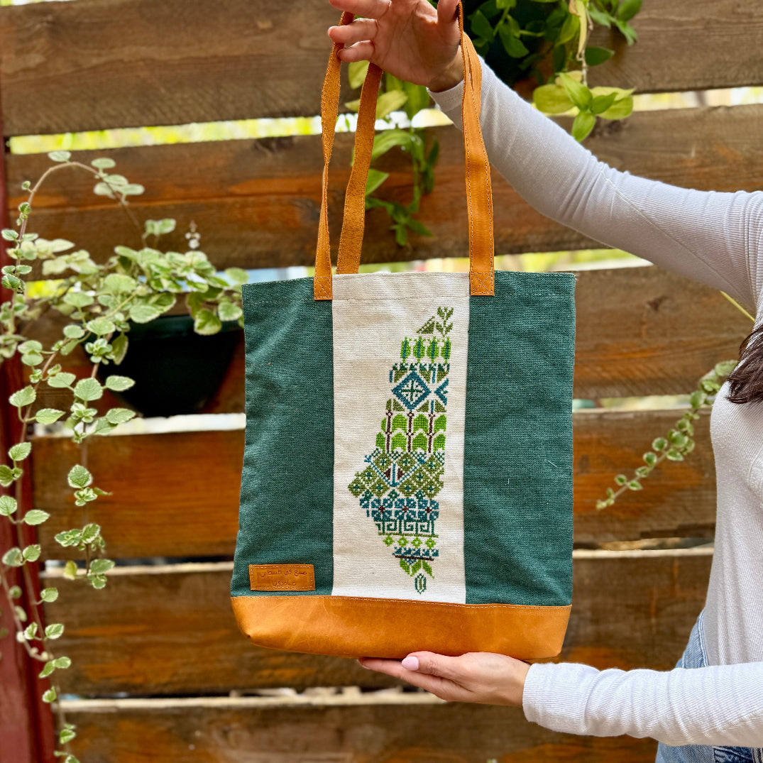 Tote with Leather Handles | Handmade Palestine Tatreez