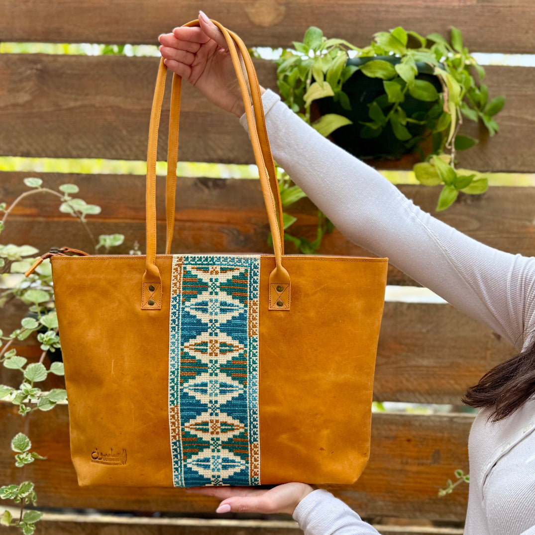 Leather Tote with Palestinian Tatreez Hand Made in Palestine