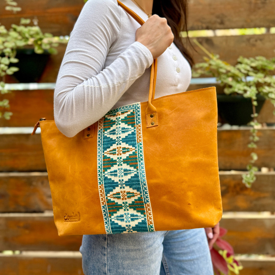 Leather Tote with Palestinian Tatreez Hand Made in Palestine