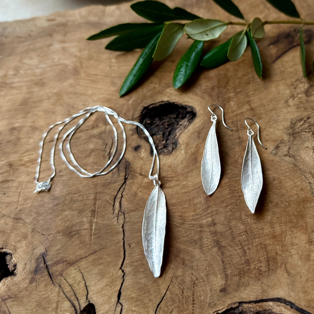 Palestinian Olive Leaf Jewelry Gift Set: Necklace & Dangling Earring Bundle