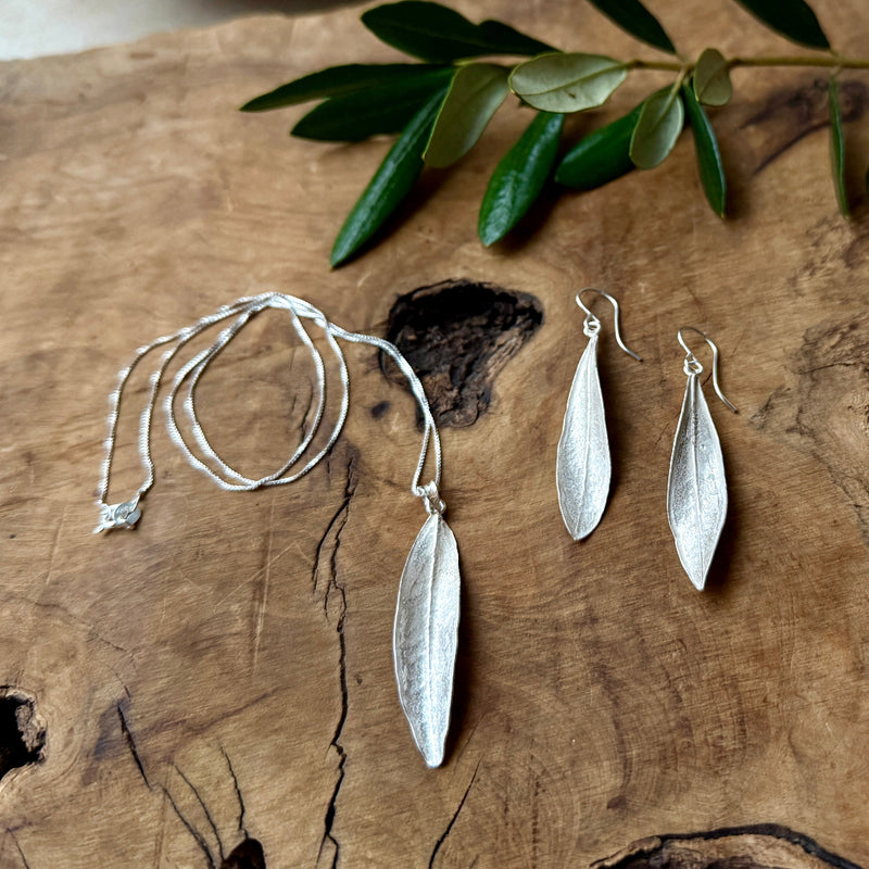 Palestinian Olive Leaf Jewelry Gift Set: Necklace & Dangling Earring Bundle