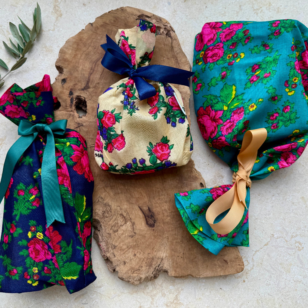 Reusable Cloth Gift Bags from Palestine with Traditional Fabric | Set of 3 Colors