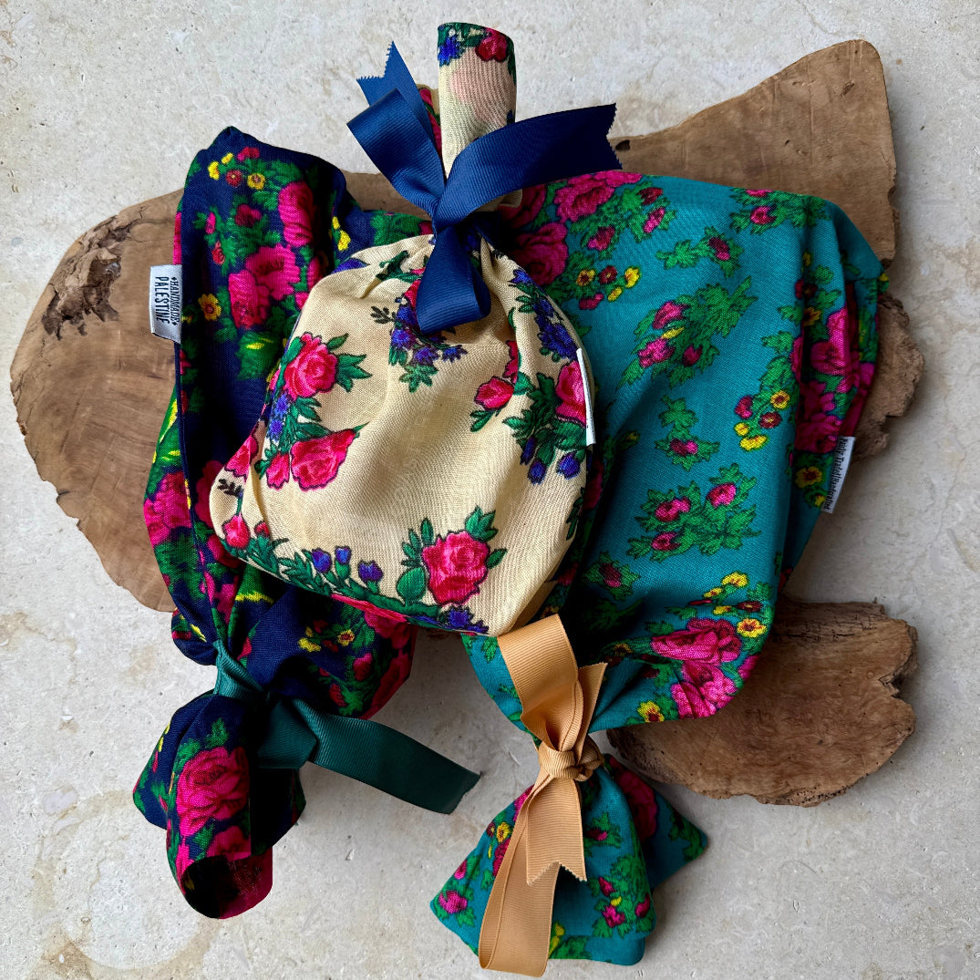 Reusable Cloth Gift Bags from Palestine with Traditional Fabric | Set of 3 Colors