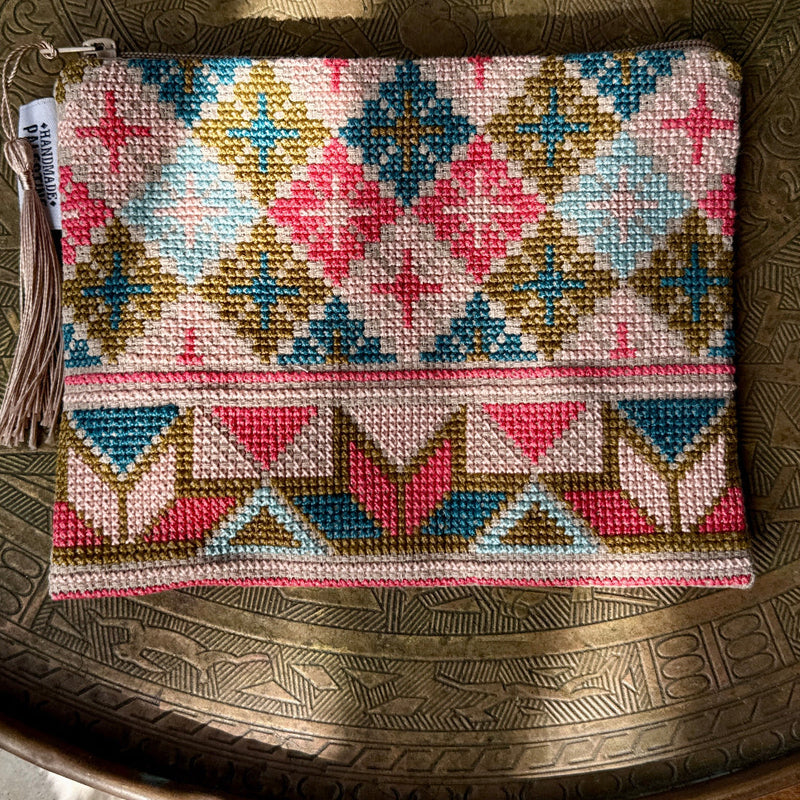 Murjan (Coral) Colors on Palestinian Embroidered Pouch | Handcrafted Tatreez Bag from Palestine