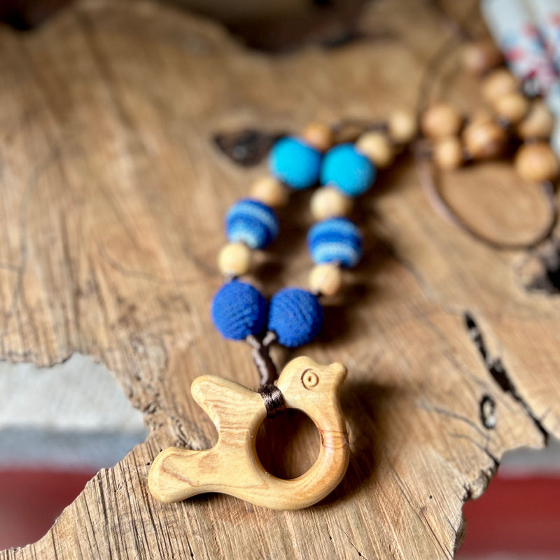 Olive Wood Nursing Necklace in Natural Style with Blue Dove Beads