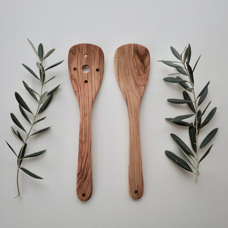 Palestinian Olive Wood Kitchen Utensils | Set of 2 Large Spoons with Holes