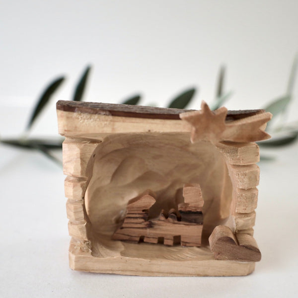 Mini Olive Wood Nativity | Handmade in Palestine with Raw Olive Wood Bark