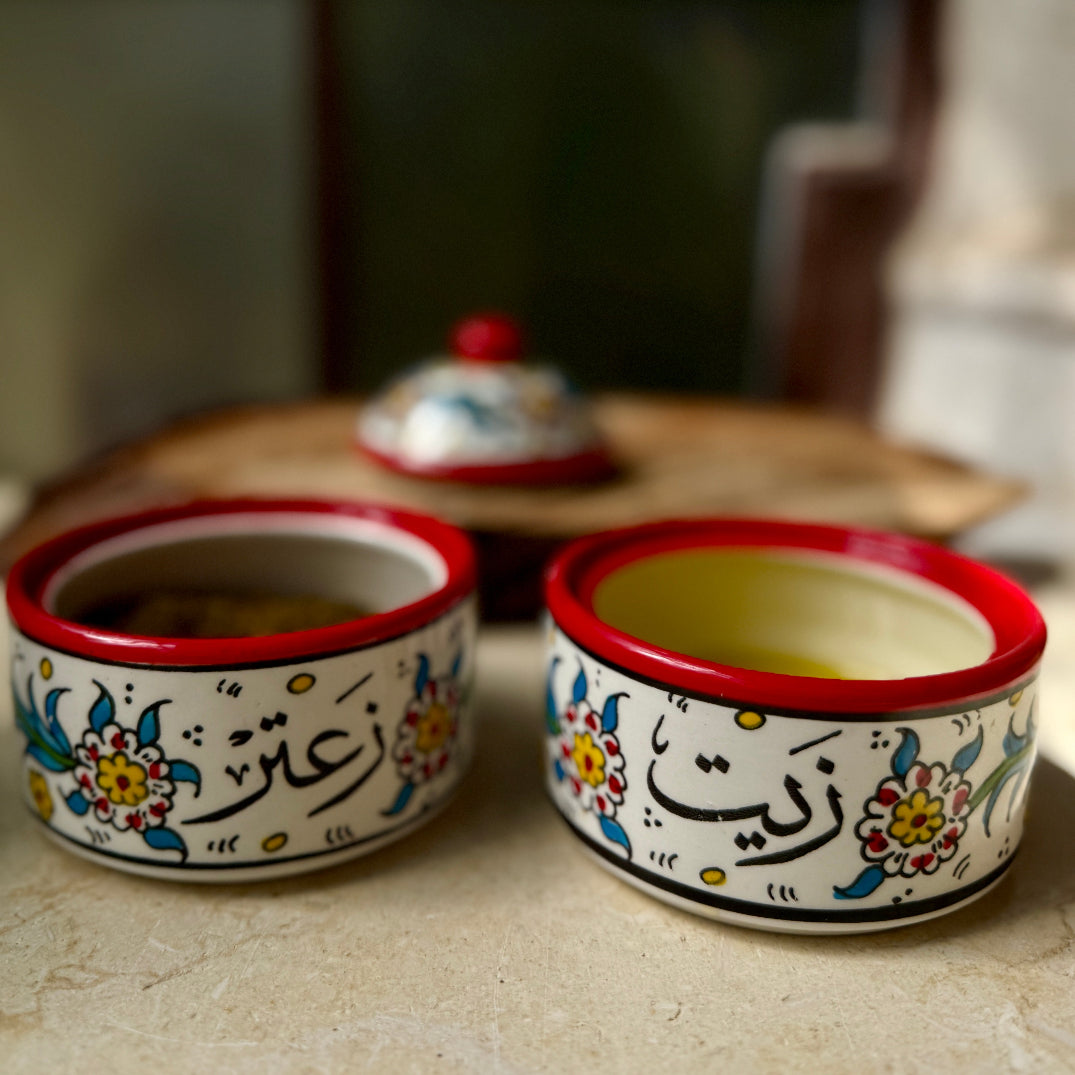Gift Bundle: Ceramic Stackable Olive Leaf Zeit o Zataar Set from Hebron