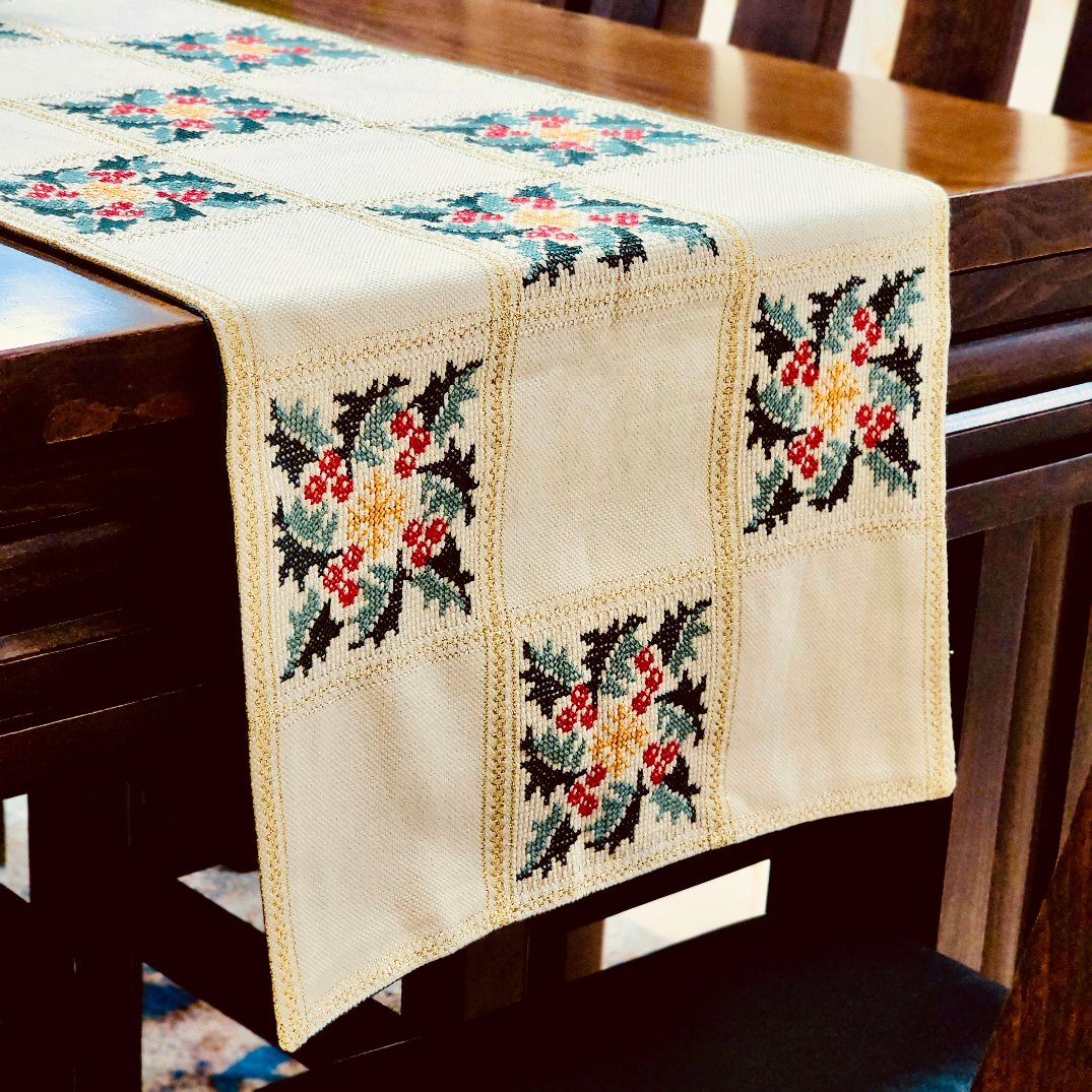 Stunning Hand Embroidered Holiday Table Runner with Holly on Gold from Palestine