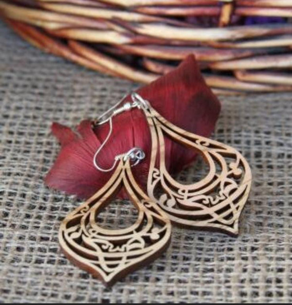 Olive Wood Earrings from Palestine | Arabic Calligraphy Engraved on Dangling Jewelry