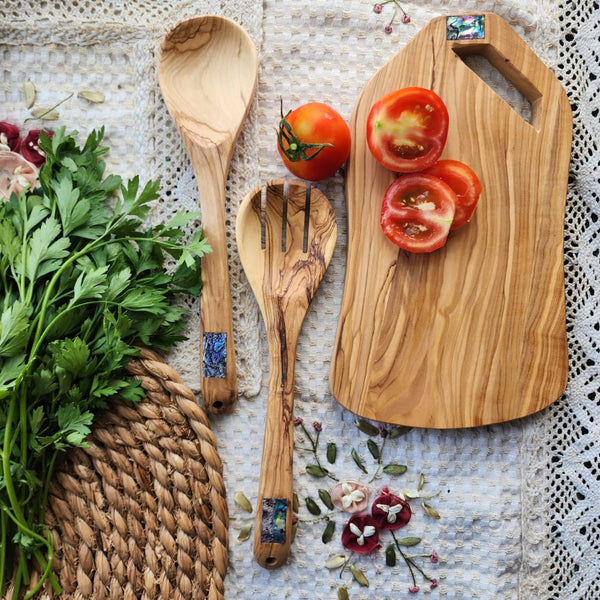 Mother of Pearl Inlaid Olive Wood Cutting Board with Salad Tossers from Handmade Palestine