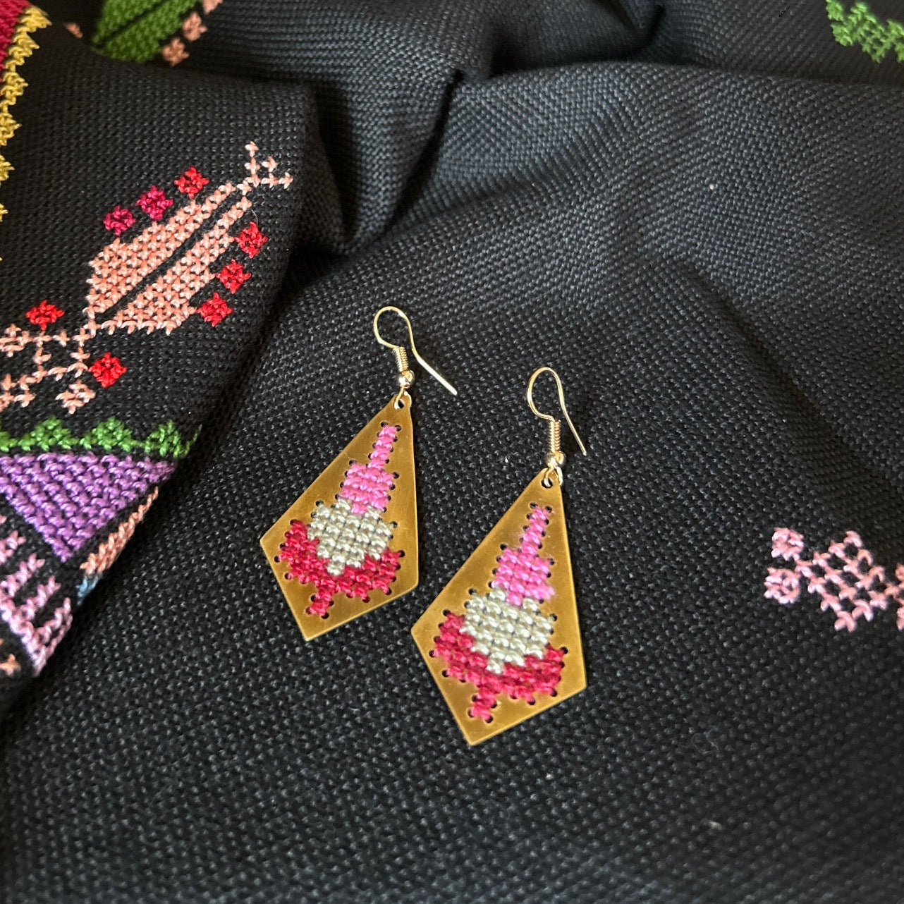 Jamilla Palestinian Tatreez on Brass Earrings | From Palestinian Women Artisans