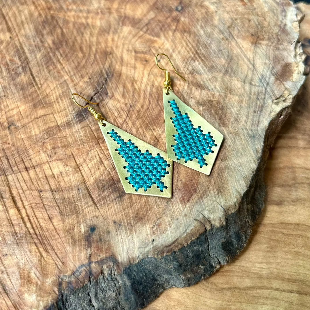 Jamilla Palestinian Tatreez on Brass Earrings | From Palestinian Women Artisans