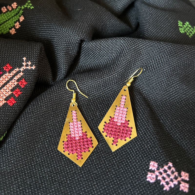 Jamilla Palestinian Tatreez on Brass Earrings | From Palestinian Women Artisans