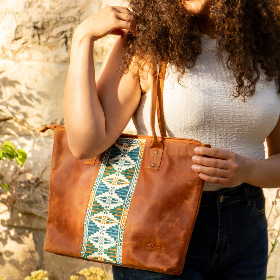 Leather Tote with Palestinian Tatreez Hand Made in Palestine