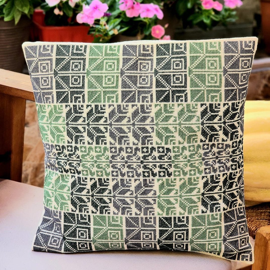 Green Tatreez Cushion Cover from Palestine | Palestinian Embroidery in Geometrics