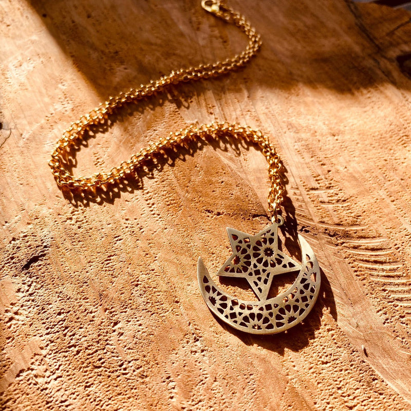 Arabesque Crescent Moon and Star Jewelry | Muslim Brass Necklace