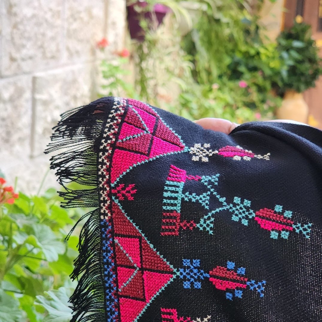 Traditional Palestinian Tatreez on Black Rectangle Shawl |Tatreez Shawl | Hand Embroidered in Palestine