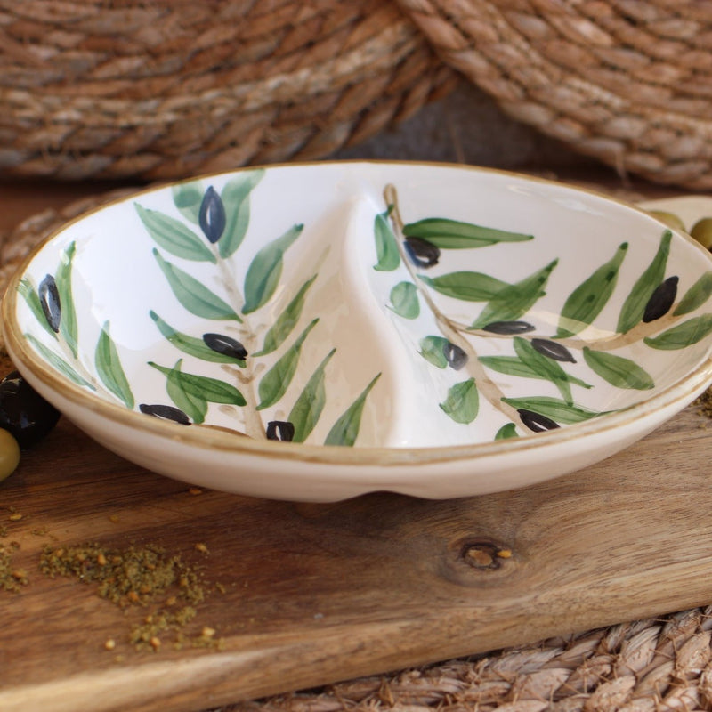 Ceramics - Handmade Ceramic Dish With Sections | Olive Leaf Motif