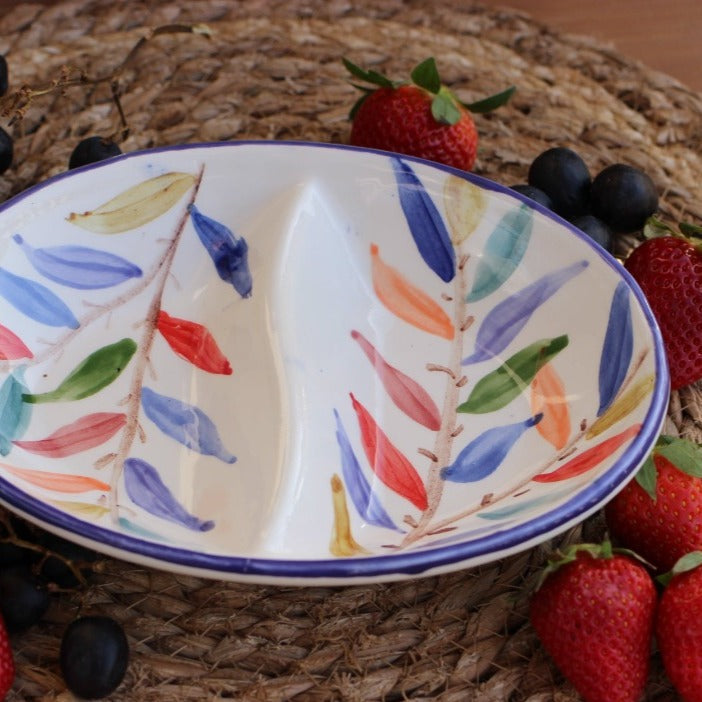 Ceramics - Handmade Oval Ceramic Dish With Two Sections | Rainbow Olive Leaf Motif