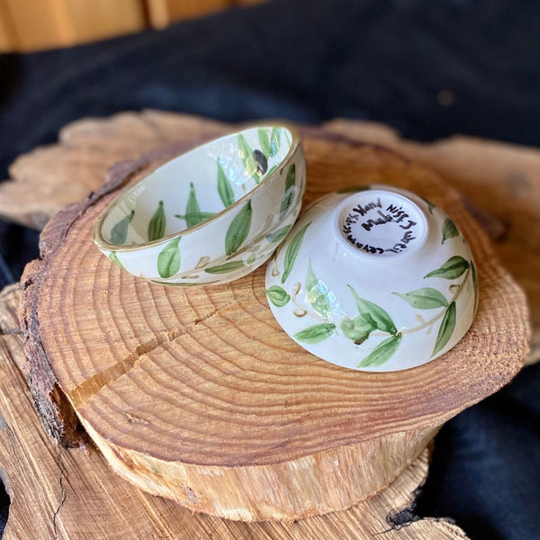 Ceramics - Handmade Small Ceramic Mezze Bowls Set Of 2 In Olive Leaf Design From Palestine