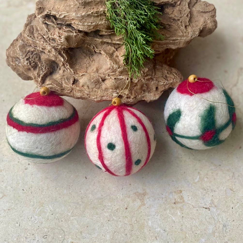Hand Crafted Felted Wool Christmas Balls | Set of 3 Baubles | Ornaments Handcrafted from Bethlehem