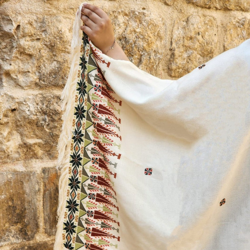 Traditional Palestinian Tatreez on Rectangle Shawl |Tatreez Hand Embroidered in Palestine | Green on Beige