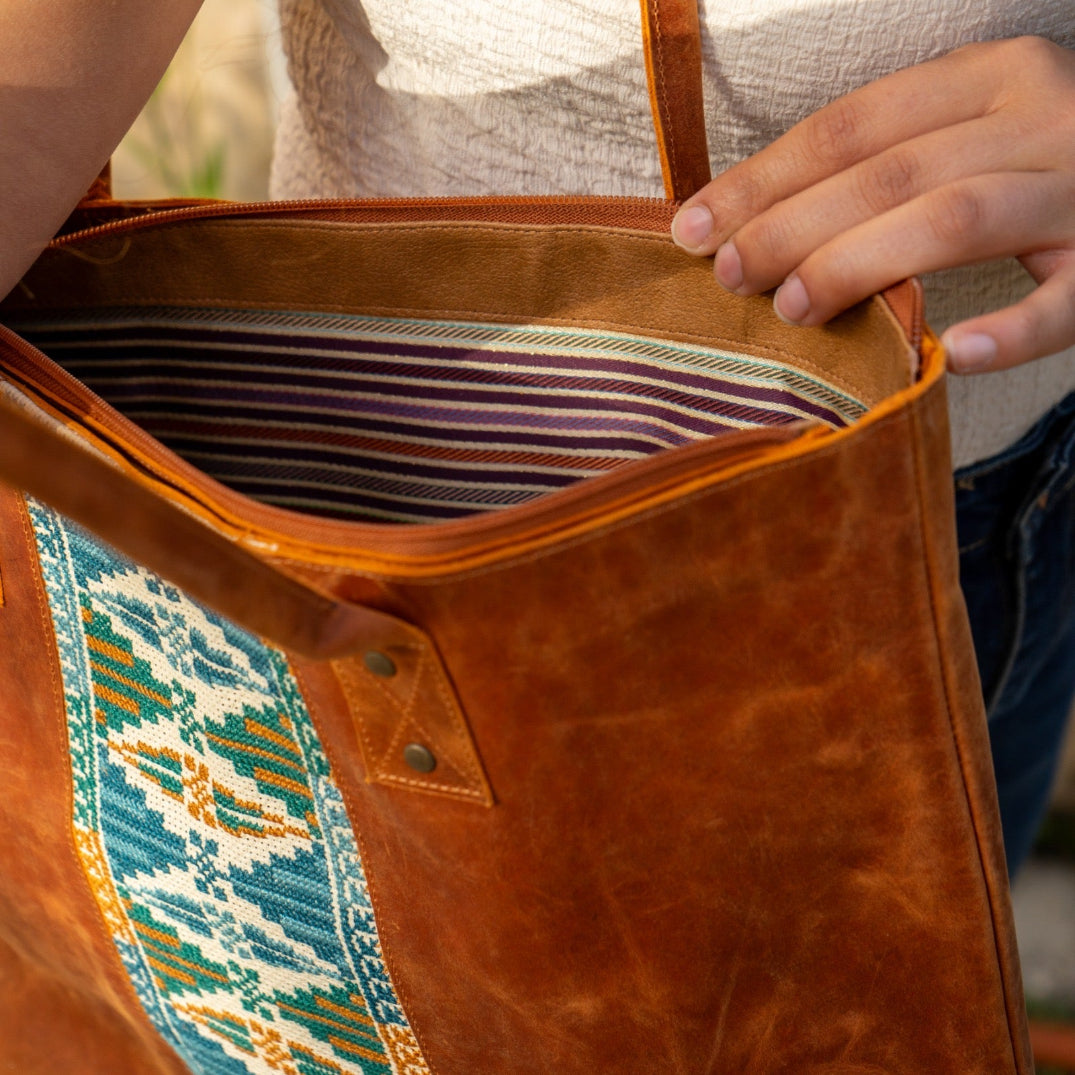 Leather Tote with Palestinian Tatreez Hand Made in Palestine