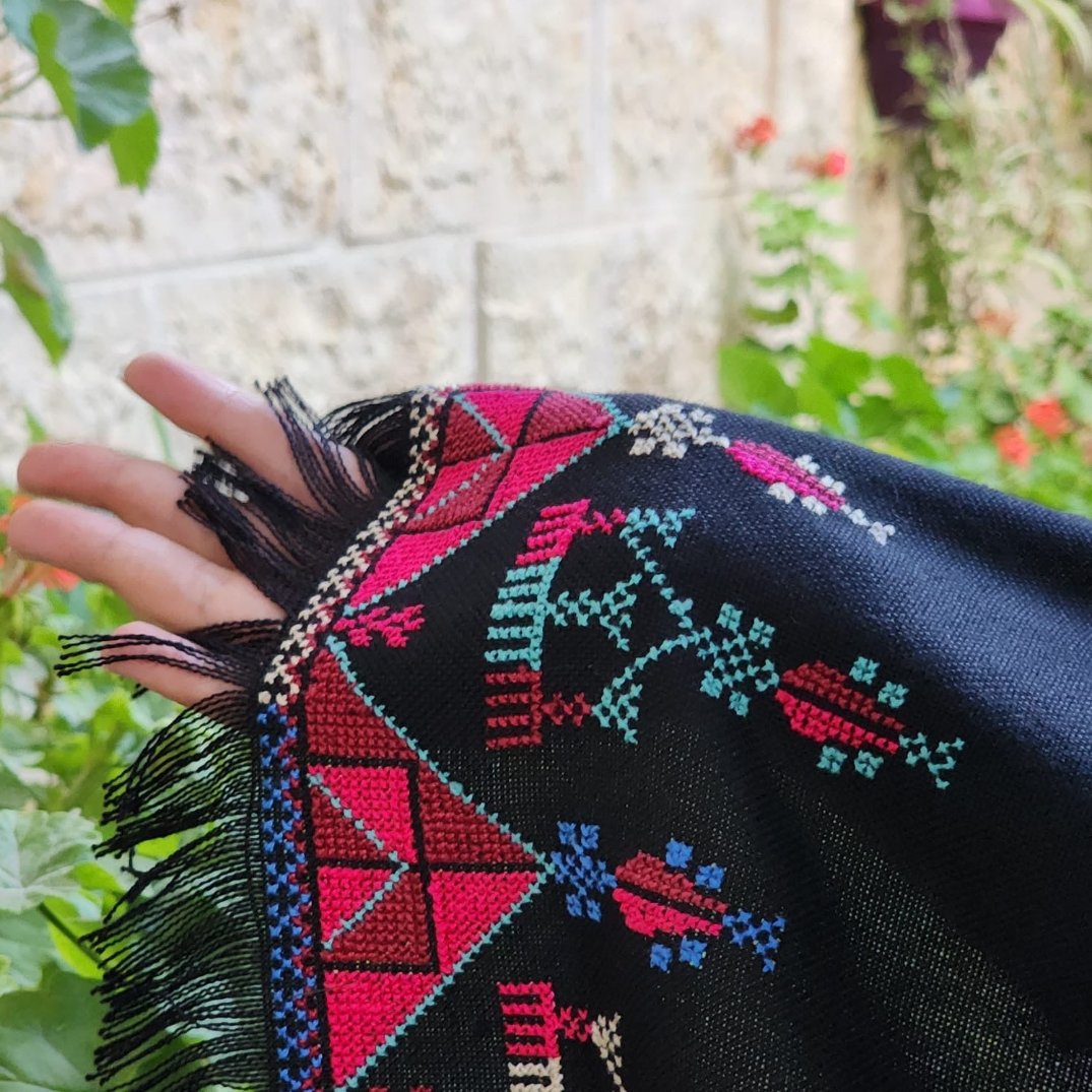 Traditional Palestinian Tatreez on Black Rectangle Shawl |Tatreez Shawl | Hand Embroidered in Palestine