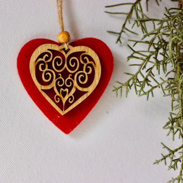 Felt - Felted Heart Christmas Ornament With Wood From Bethlehem