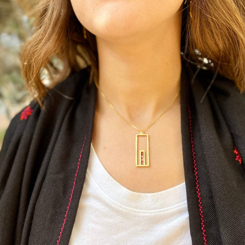 Gold Jewelry - Gate To Old City Jerusalem Necklace | 21k Gold Plated | Stones From Palestinian Cities