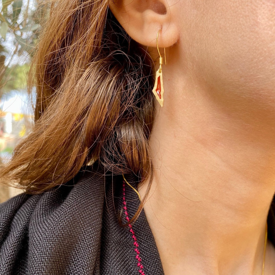 Gold Jewelry - Gold Palestine Map Earrings | 21k Gold Plated | Stones From Palestinian Cities