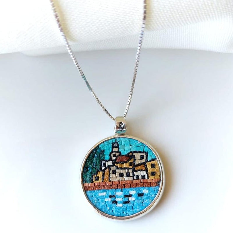 Handmade Jewelry - Micro Mosaic Necklace | Hand Crafted Tiny Old City Port Of Jaffa