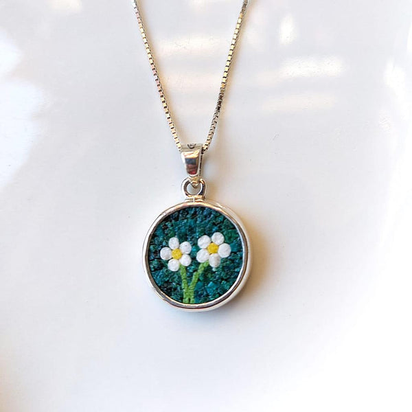 Handmade Jewelry - Palestinian Wildflower Micro Mosaic Necklace | Hand Crafted Silver Jewelry