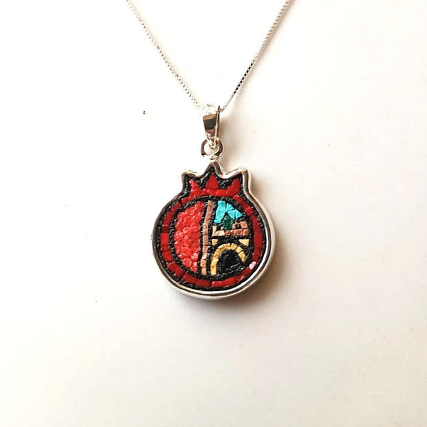 Handmade Jewelry - Pomegranate Micro Mosaic Necklace | Hand Crafted Old City Map Inside Pomegranate