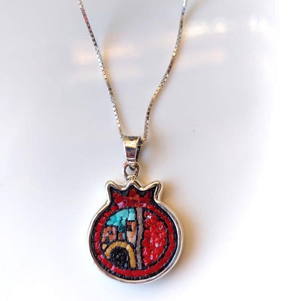 Handmade Jewelry - Pomegranate Micro Mosaic Necklace | Hand Crafted Old City Map Inside Pomegranate