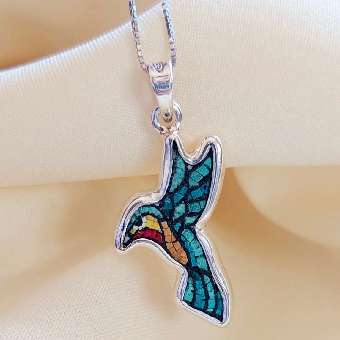 Handmade Jewelry - Sunbird Of Palestine Micro Mosaic Necklace | Hand Crafted Silver Jewelry