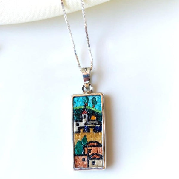 Handmade Jewelry - Village In Palestine Micro Mosaic Necklace | Hand Crafted Silver Jewelry