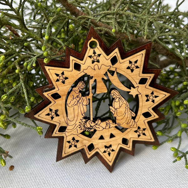 Holiday - Double Layer Star Ornament With Holy Family From Bethlehem - Wood Ornament