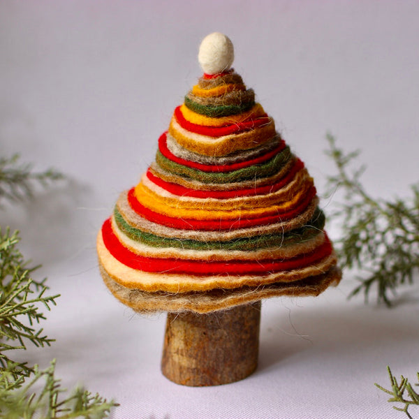 Holiday - Hand Felted Christmas Tree On Olive Wood | Holiday Decoration