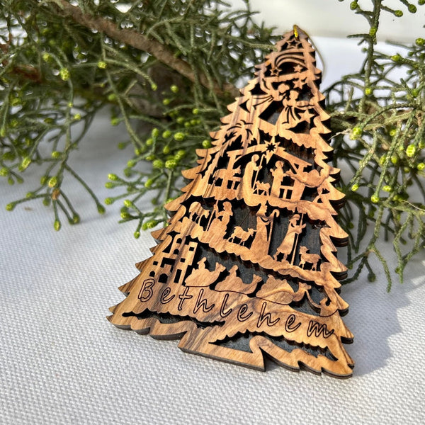 Holiday - Nativity Scene Christmas Tree From Bethlehem - Wood Ornament