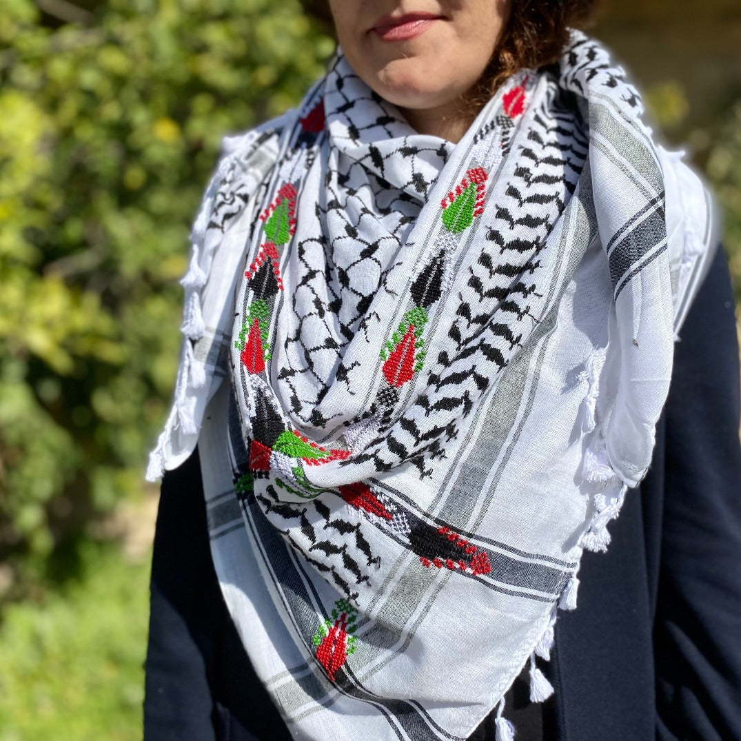 Keffiyehs - Arafat Keffiyeh With Palestinian Tatreez From Palestine | National Flag On Traditional